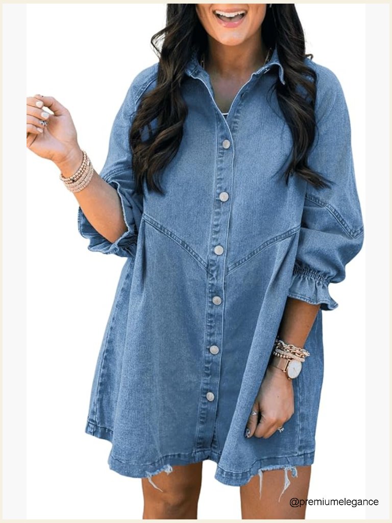 Smocked 3/4 Sleeve Button Down Denim Mini Dress